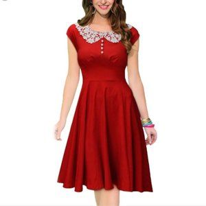 Red Rockabilly Midi Dress - White Lace Collar